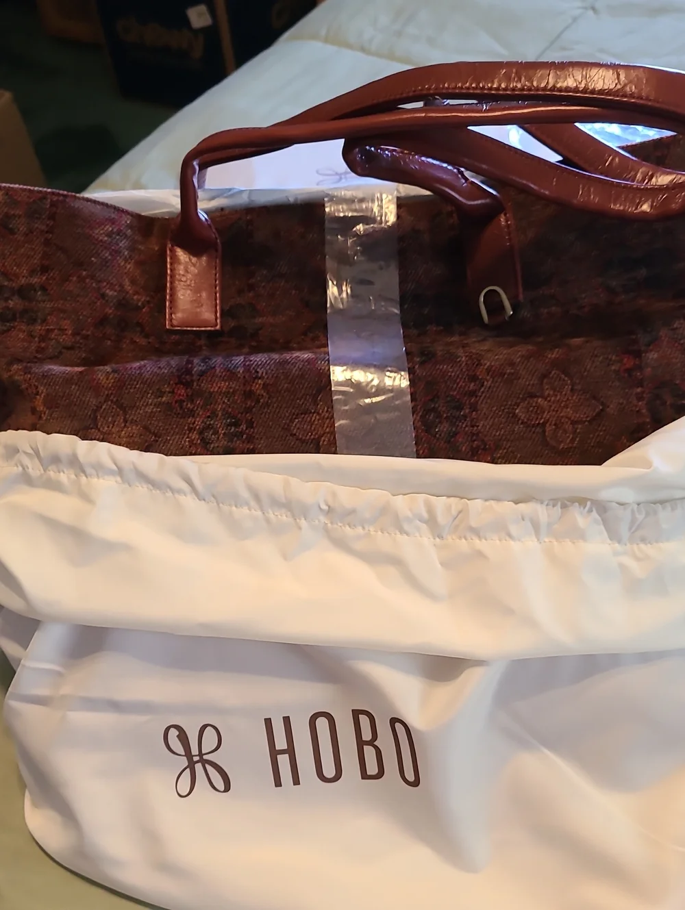 HOBO Brown & Burgundy Patterned Tote with Leather Handles